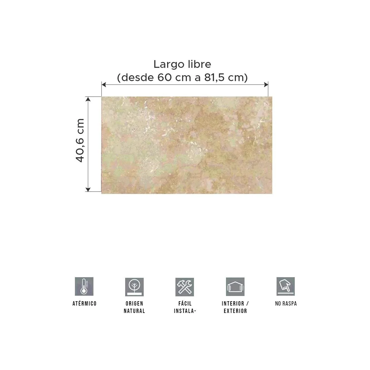 Ficha técnica del mármol travertino: medidas 40,6cm x largo libre, atérmico, origen natural, fácil instalación, interior/exterior, no raspa